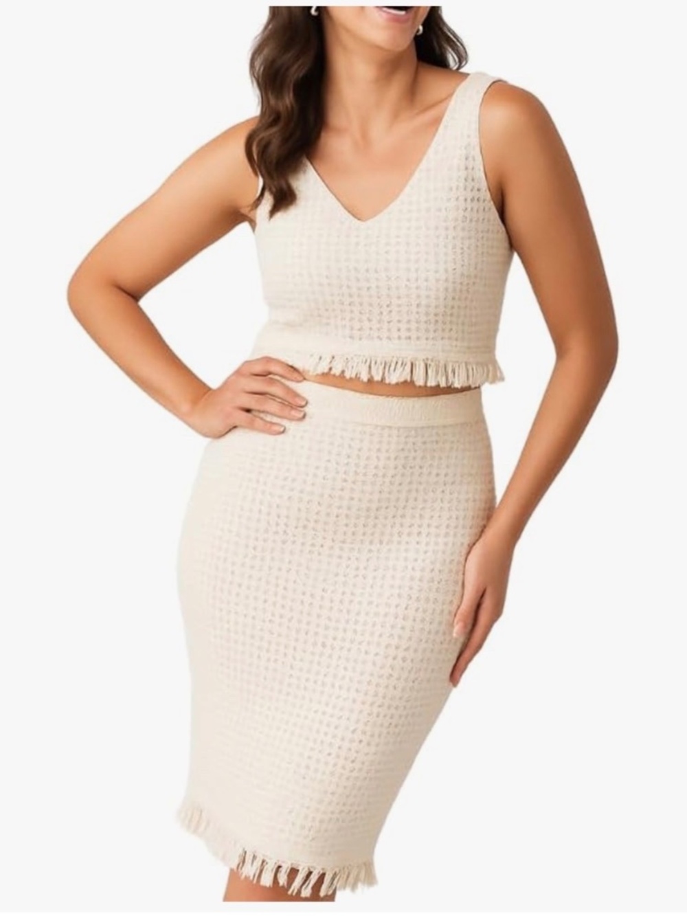 2 Pcs Fall/Spring Women's Outfit Midi Skirt &Top Soft & Breathable White Size M